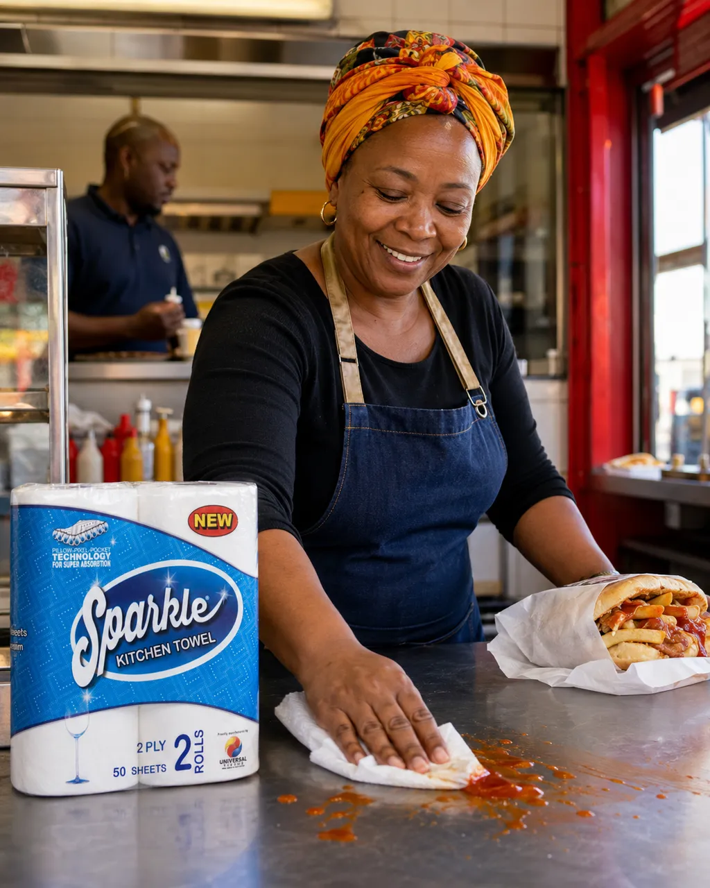 Sparkle Roller Towel used for a quick food-service clean-up